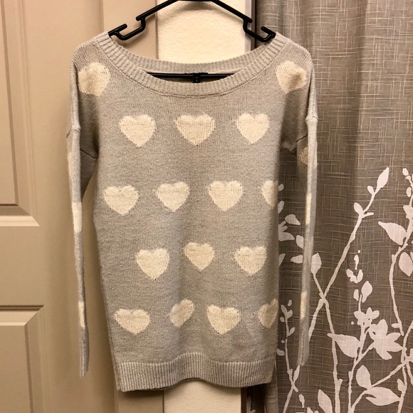 Express Sweaters - Express Tunic Grey Knit Sweater with White Hearts